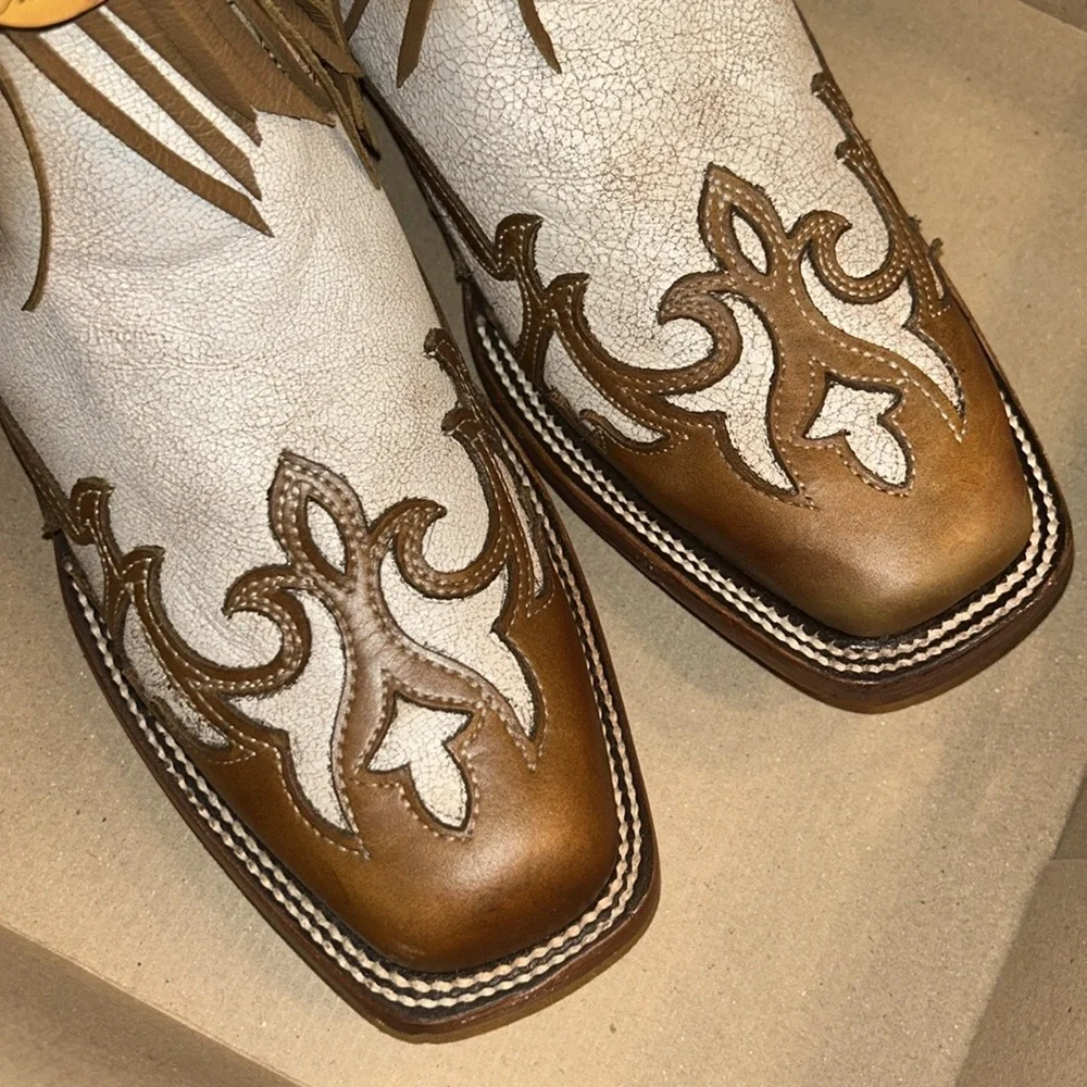 Corral Leather White/Brown Fringe Studs Square Mouth Boots(Size 9) - Picture 11 of 12
